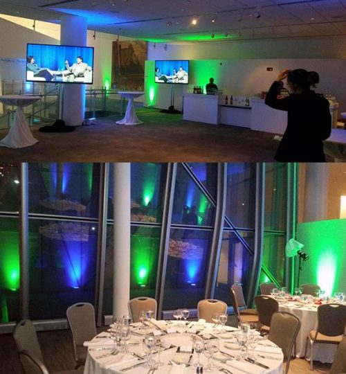 50 led uplights placed in multiple rooms along with three 80_ monitors set for IMAG at last night's event!